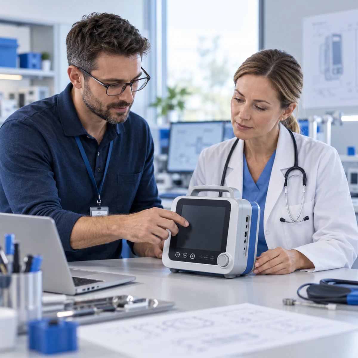 A medical technology scene in the brand’s color palette.