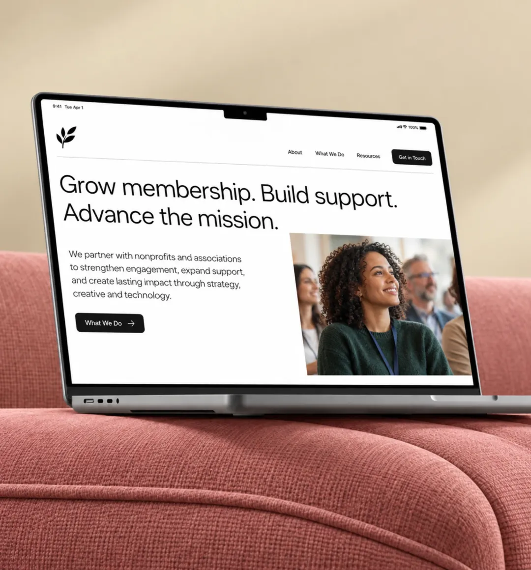 A product website displayed on a laptop against a nonprofits & associations themed interior.