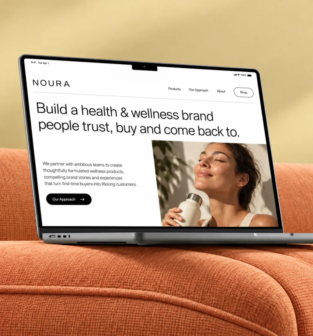 A product website displayed on a laptop against a health & wellness cpg themed interior.