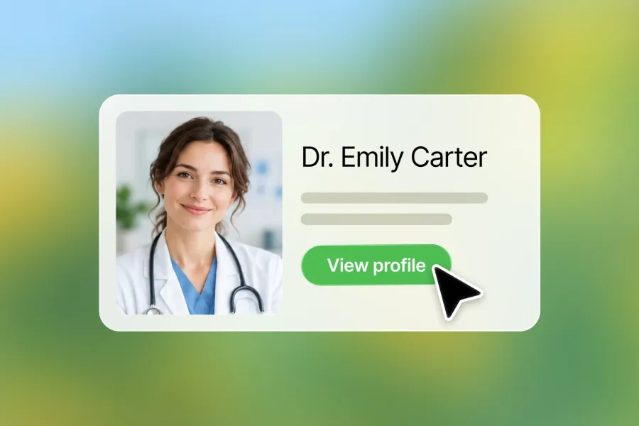A clear clinician profile introduces the care team, experience and approach to care.