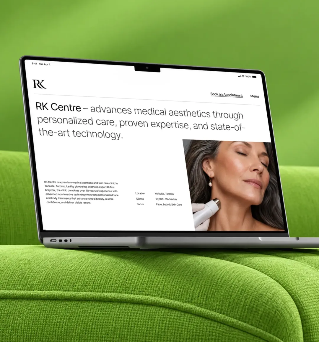 Connected medical website screens present services, clinicians and a clear booking step.
