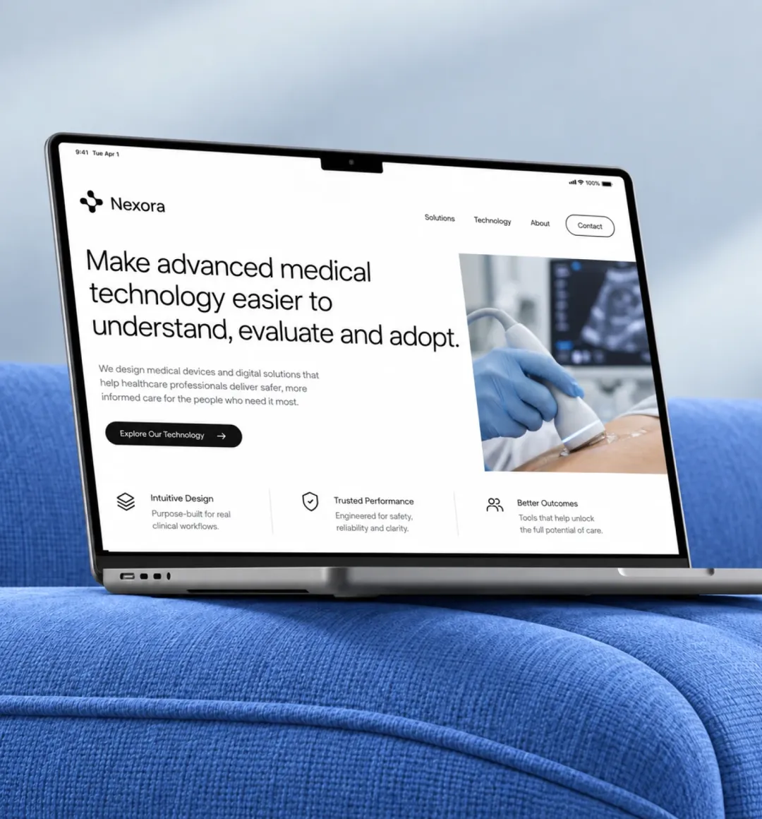 A medical technology product website displayed on a laptop.